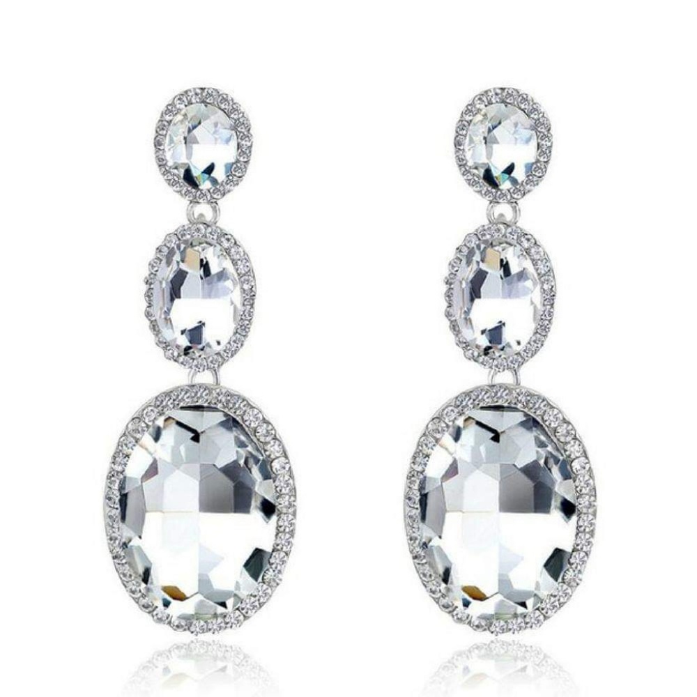 Earrings - Triple Mic Drop White Statement Gem